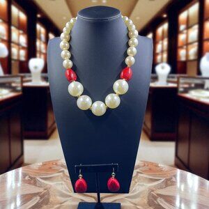 Costume Ivory Faux‎ Pearl Necklace Red Bead Earrings Set Vintage Statement 21"